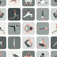 Vector seamless pattern yoga poses. Flat monochrome illustrated collection on square shape with hispanic, african american, caucasian women making sport trainings asanas, stretchening and meditation