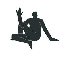 Vector isolated illustration with flat black silhouette of female person doing finess. Athletic woman learns yoga posture - Half Lord of the Fishes Pose. Sportive exercise - Ardha Matsyendrasana