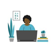 Vector isolated flat concept. Little african american girl is learning by laptop. Online distant domestic education with class in quarantine time, doing homework. Modern homeschooling system