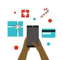 Vector flat illustration with close up hands of person. He enters credit card details to order presents on website before Christmas time. He uses mobile app of e-commerce marketplace. Online shopping