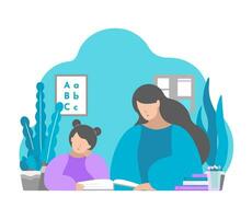 Vector illustration in flat style. Mother and child sit in room, learn alphabet, read book. Education in quarantine time, making homework with parent's help. Home schooling. White background