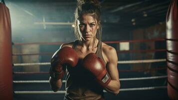 cerca arriba de un hembra Boxer en pie dentro un boxeo estudio con su manos doblada. mujer en pie en un boxeo formación centrar con puñetazos pantalones y boxeo anillo en el antecedentes. foto