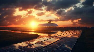fotovoltaica paneles de solar poder estación en el paisaje a puesta de sol. foto