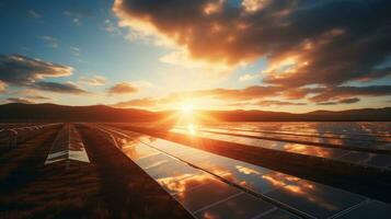 Photovoltaic panels of solar power station in the landscape at sunset. photo