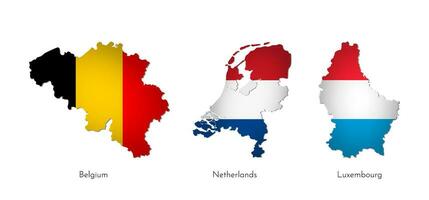 Vector illustration set with isolated silhouettes of Benelux Union maps simplified shapes. National flags of Belgium, Netherlands, Luxembourg. White background and names of countries