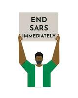 vector aislado plano concepto. soltero piquete y Huelga de nigeriano hombre en camiseta en color de nacional bandera. él sostiene cartel con demanda a final policía brutalidad por sars y aplastar en Nigeria ahora