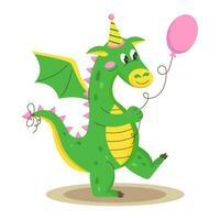 Cute little dragon with a balloon. Vector illustration.