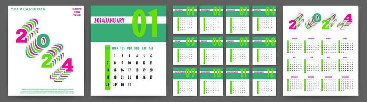 Calendar 2024 year. Week starts on Sunday. Design for planner, printing, stationery, organizer. vector