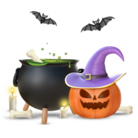 3D Rendering Halloween Pumpkin Wearing Witch Hat With Cauldron And Bats png