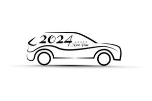 Happy new year 2024 text banner with car in modern line style vector