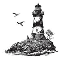 Lighthouse on the seaside sketch hand drawn Vector illustration