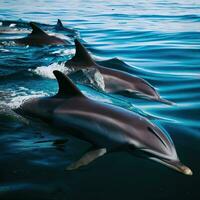 hilandero delfines emerger en sincronizado armonía ,ai generado foto