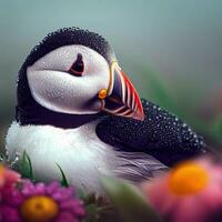 The intricate patterns of the Atlantic Puffin's plumage shine in close-up ,AI Generated photo