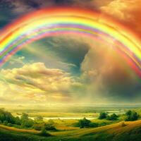 el montañas son adornado con un asombroso arco iris después el tormenta de lluvia ,ai generado foto