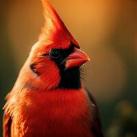 un maravilloso masculino del Norte cardenal perchas con orgullo, sus vibrante rojo plumaje contrastando con el rodeando verde follaje ,ai generado foto