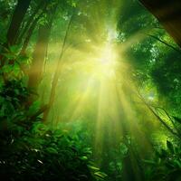 Sunlight dances through the trees, painting the forest floor with light and shadow ,AI Generated photo