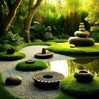 The raked patterns in the Zen garden evoke a sense of calmness ,AI Generated photo