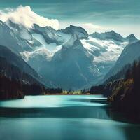 lago alrededor montaña árbol, hermosa Valle alrededor montañas ,ai generado foto