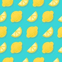 Seamless pattern with lemon. Tropical print with fruits on blue backdrop. Colorful geometric pattern with slice of lemon. Vector repeat background for colorful summer fabric. Neon colors.