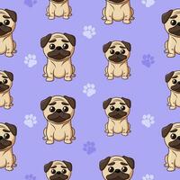 Cute cartoon seamless pattern with pug on violet background. Design with puppy for kids. Vector tile for fabric, print, wrapper, textile. Funny pugs and paws in flat style.