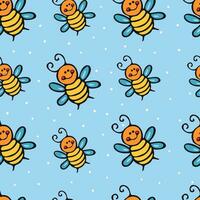 linda dibujos animados sin costura modelo con abejas en azul antecedentes. miel abeja diseño para niños. vector loseta para tela, imprimir, envoltura, textil. gracioso abeja en plano estilo.