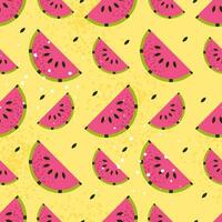 Seamless pattern with watermelon. Tropical print with fruits on yellow backdrop. Colorful geometric pattern. Vector repeat background for colorful summer fabric.