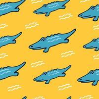 Cute cartoon seamless pattern with crocodile on yellow background. Design with wild african animals for kids. Vector tile for fabric, print, wrapper, textile. Funny doodle crocodiles in flat style.