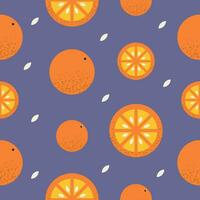 Seamless pattern with orange. Tropical print with fruits on violet backdrop. Colorful geometric pattern with slices of orange. Vector repeat background for colorful summer fabric.