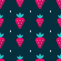 Seamless pattern with strawberry. Tropical print with berries on dark backdrop. Colorful geometric pattern. Vector design for fabric, print, wrapper, textile. Cartoon flat style.