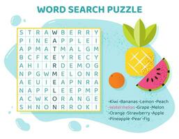 Word search puzzle with tropical fruits and berries. Education game for children. Colorful crossword for Learning English language. Cartoon spelling puzzle. Test for kids. Vector illustration.