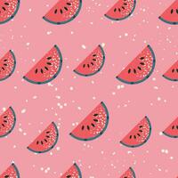 Seamless pattern with watermelon. Tropical print with fruits on pink backdrop. Colorful geometric pattern. Vector design for fabric, print, wrapper, textile. Cartoon flat style.