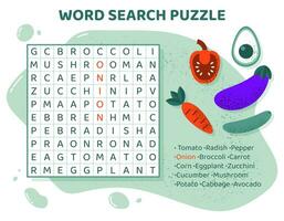 Word search puzzle with vegetables. Education game for children. Task for kids. Colorful crossword for Learning English language. Cartoon spelling puzzle. Test for kids. Vector illustration.