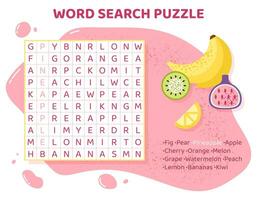 Word search puzzle with tropical fruits and berries. Education game for children. Crossword for Learning English language. Cartoon spelling puzzle. Test for kids. Vector illustration.
