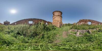 full seamless spherical hdri 360 panorama inside ruined tower and abandoned outbuildings in equirectangular projection with zenith and nadir, ready for  VR virtual reality content photo