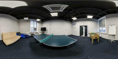 full seamless spherical hdri 360 panorama in interior rest and relaxation room with table tennis for office workers in equirectangular projection. VR content photo