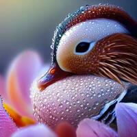 A vibrant Mandarin duck adorned with sparkling water droplets glistening in the soft morning light ,AI Generated photo