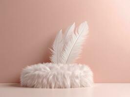 White cloud with a feather on a pastel pink background. ai generation. abstract background. photo