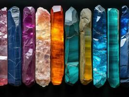 Colorful crystal bars on a black background. Geology concept. ai generation photo
