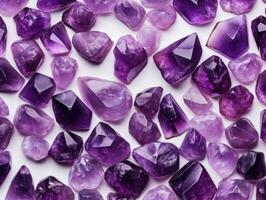 Amethyst crystals on a white background. view from above. flat layout. ai generation photo
