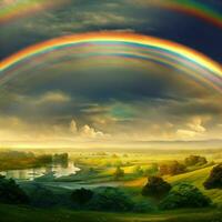 A rainbow arches over the mountains, a promise of wonder and splendor ,AI Generated photo