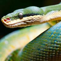 A detailed view of the Trimeresurus kanburiensis, showcasing its piercing gaze and intricate patterns ,AI Generated photo