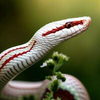 A striking close-up of a red milk snake, showcasing its vibrant and mesmerizing patterns ,AI Generated photo