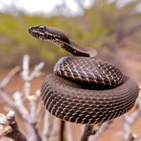 capturar el enigmático presencia de el encaramado negro tipo de serpiente venenosa en macro ,ai generado foto