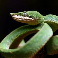 The intense gaze of the Green Tree Python is captured up close ,AI Generated photo