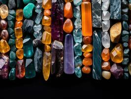 Colorful crystal bars on a black background. Geology concept. ai generation photo