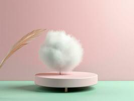 White cloud with a feather on a pastel pink background. ai generation. abstract background. photo