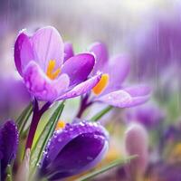 Raindrops nourish the crocus, adding a touch of sparkle to its delicate features ,AI Generated photo