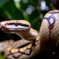The striking eyes of a Ball python peer curiously in this close-up photograph ,AI Generated photo