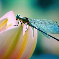Dragonfly perched on wildflower, beautiful dragonfly, Macro of dragonfly ,AI Generated photo