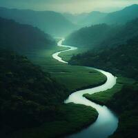 el genial Neel río fluye pacíficamente mediante el lozano verde bosques y majestuoso montañas ,ai generado foto